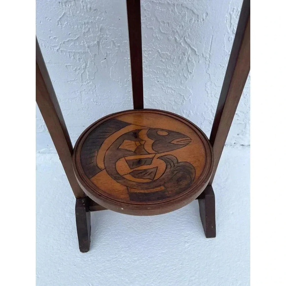 Vintage 3-Tier Solid Wood Round Carved Folding Table Pie Stand Plant Shelf 38.5" - Picture 6 of 11